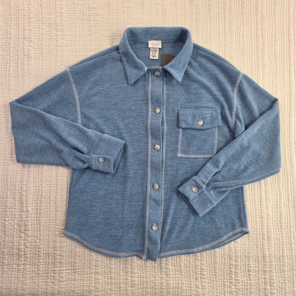 Le Lis Collection Blue Knit Shacket Shirt Jacket Button Down Pocket NWT Size M